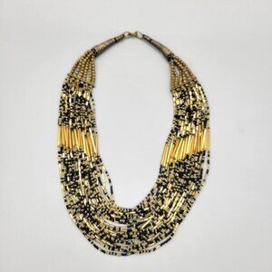 Multi-Strand Bib Necklace Glass Beads Gold Black Single Blue Bead